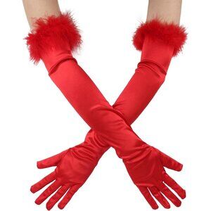 Women's Long Elbow Length Red Satin Feather Trim Evening Gloves Tea Party